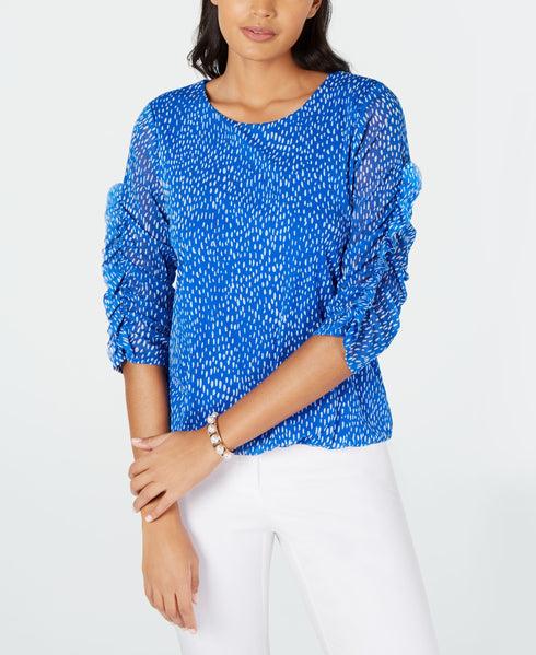 Alfani Printed Ruched Sleeve Mesh Bubble Top
